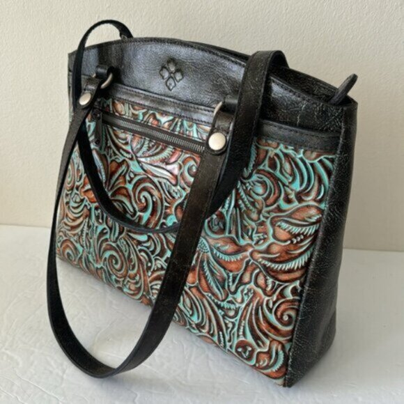 PATRICIA NASH Handbag Poppy Tooled Turquoise Leather Shoulder Tote Purse